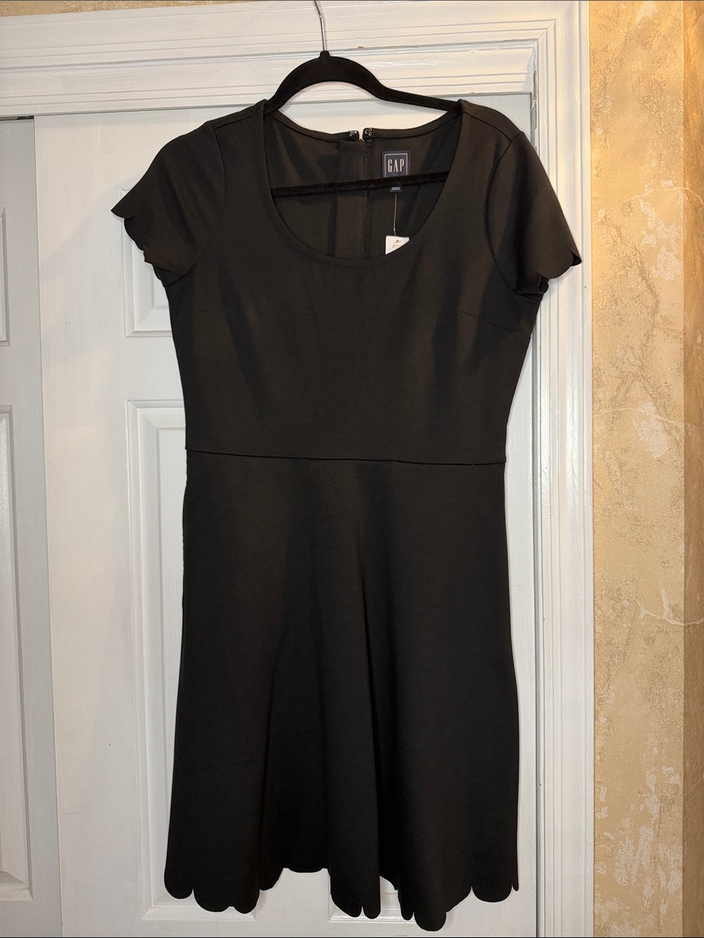 GAP Black Short-Sleeve Scallop-Hem Mini Dress